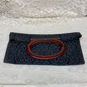 Vintage, 3-Way Black Clutch, Handbag, Tote Bag with Brown Lucite Handles 15 x 13